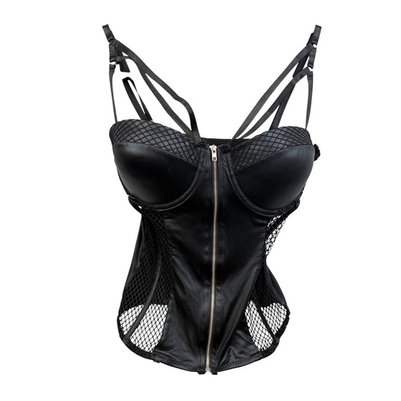 Bodyrage Tops - BodyRage Black Faux Leather Fishnet Corset Bustier Caged Gothic Festival Large